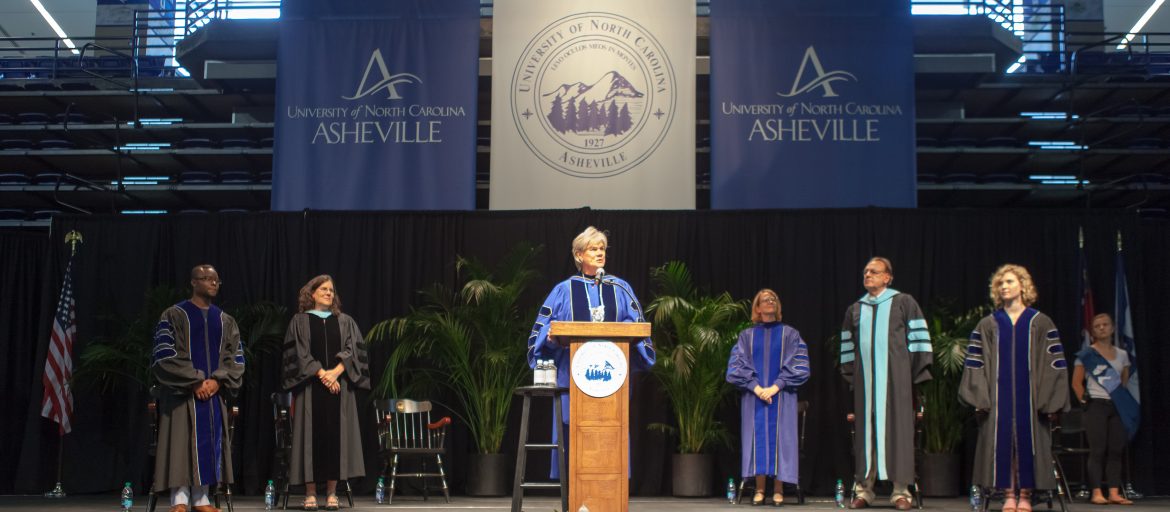 UNC Asheville Chancellor Cable on stage at Convocation 2018