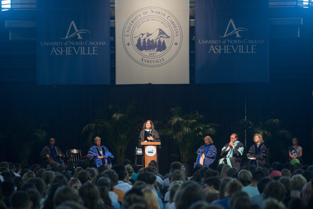 Professor of Education Nancy Ruppert addresses students on stage at Convocation 2018