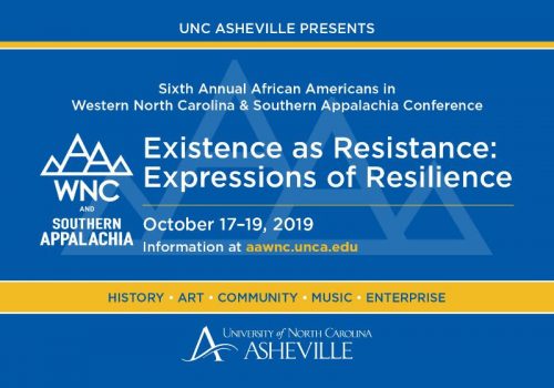 Conference essential info with university logo on blue background