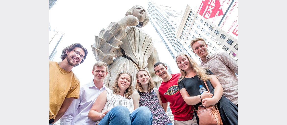 Core members of the UNC Asheville team that brought "Wake" to life, from left: Art student Jeb Hedgecock, and May 2018 mechatronics engineering graduates Kyle Ward, Kaitlin Thomas, Brittany Hand, Jacob Fink, Zoe Rorvig and Elijah Nonamaker