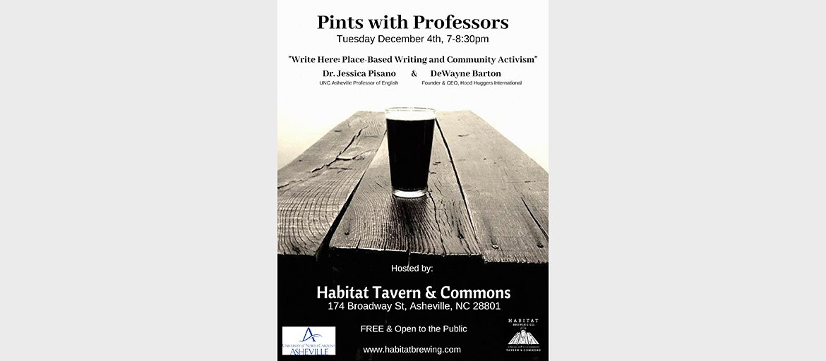 Pints with Professors Dec 2018 Poster shows pint of stout on a wooden table, with event information