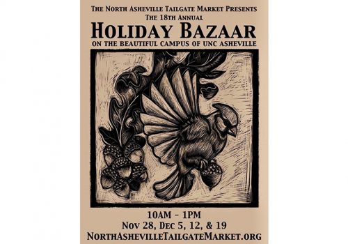 poster has market dates, location and drawing of a cardinal carrying a basket of berries