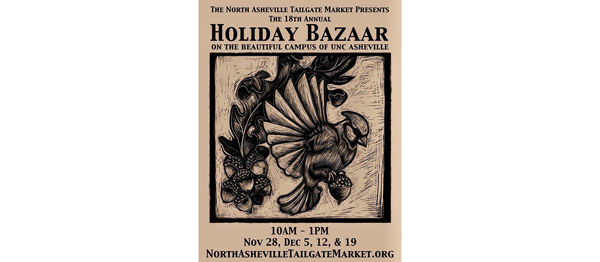 holiday bazaar web poster has market dates, location and drawing of a cardinal carrying a basket of berries