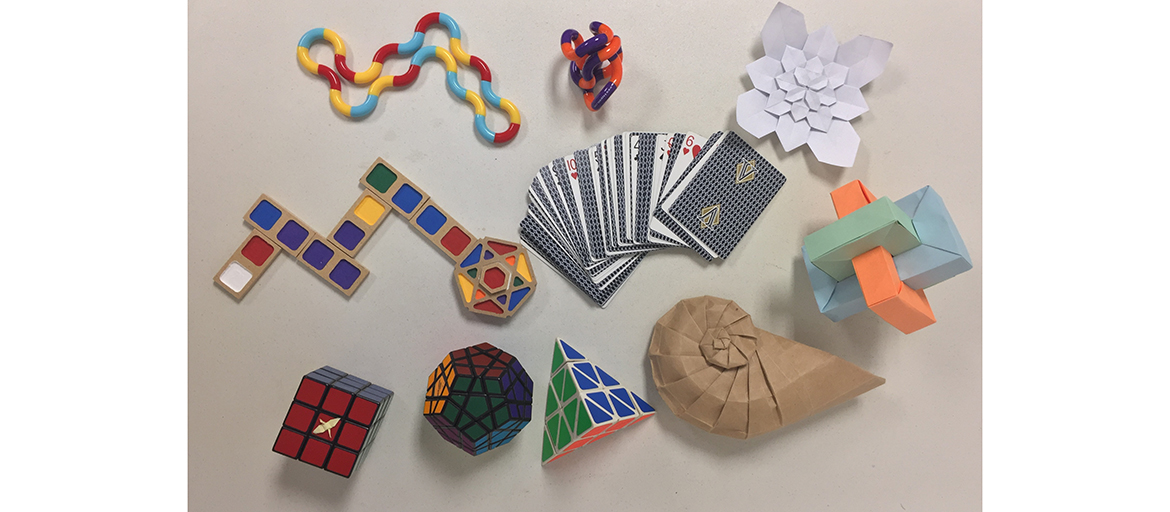 2019 Parsons lecture graphic Images of cards, and objects displaying mathematical patterns