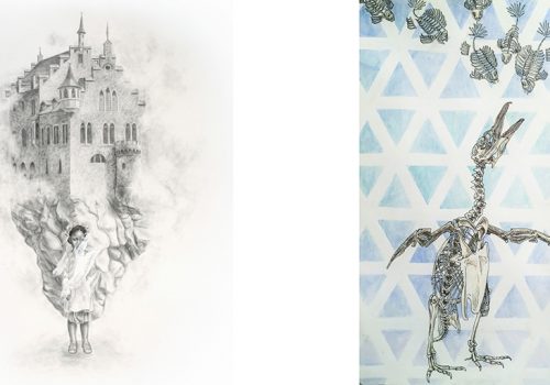 Left: Graphite and Gesso on paper by Gillian Mauer. Right: Ink and watercolor by Addie Starbird