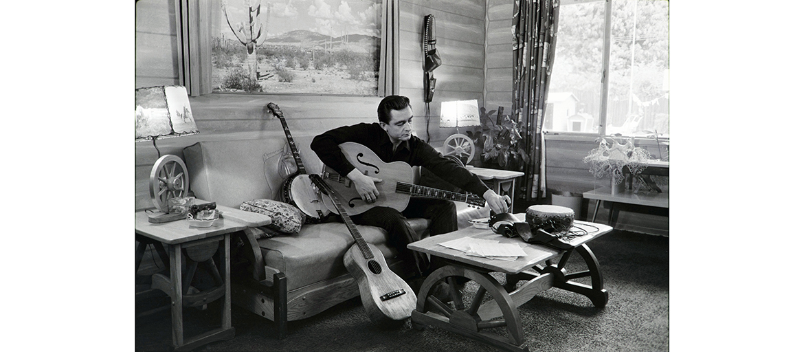 Johnny Cash at his home in California, 1960.Credit: Sony Music Archives Johnny Cash with guitars at his home in 1960