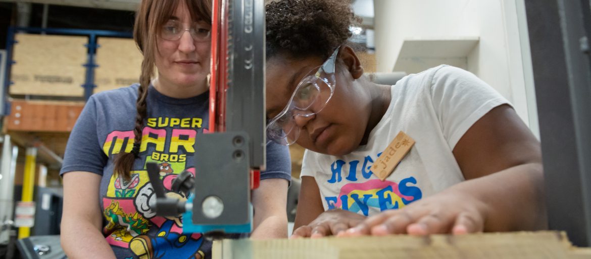 Two girls at STEAM Studio working in the Community Tool School: Shop Class for Girls