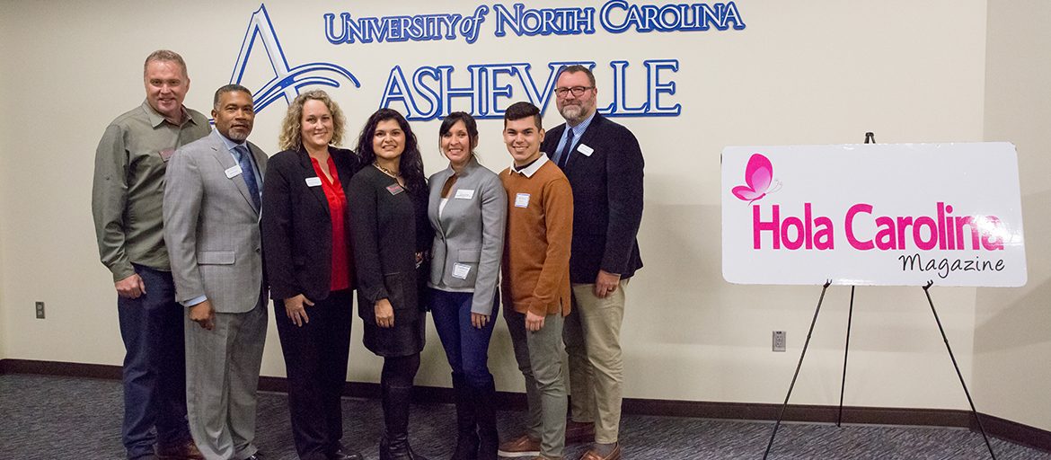 From left: Ron Stamey, HOLA Community Arts; Darin Waters, UNC Asheville Community Engagement; Michelle Bettencourt, UNC Asheville Spanish Faculty; Adriana Chavela, HOLA Carolina magazine; Zuri Anuel, North Carolina Small Business Development Fund; Melchor Gamez, UNC Asheville Student; and Micheal Stratton, UNC Asheville Management Faculty
