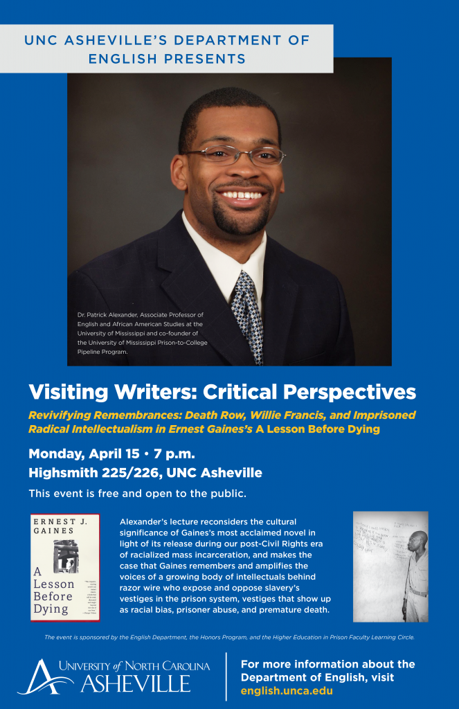 Poster shows Alexander's photo, and images from Gaines' book, along with event details