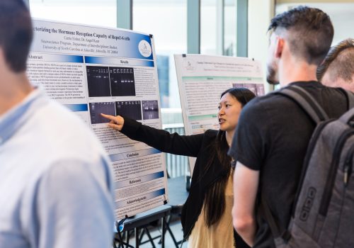 Student pointing at poster on Undergraduate Research Day