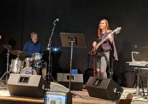 UNC Asheville student guitarist, keyboard player and bassist performing with faculty percussionist Matthew Richmond