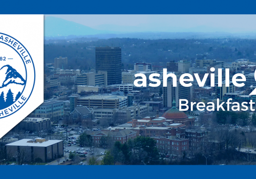 aerial photo of Asheville with event info