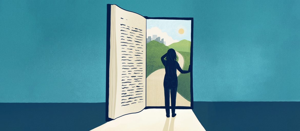 A graphic of a person standing in a door that is also a book.