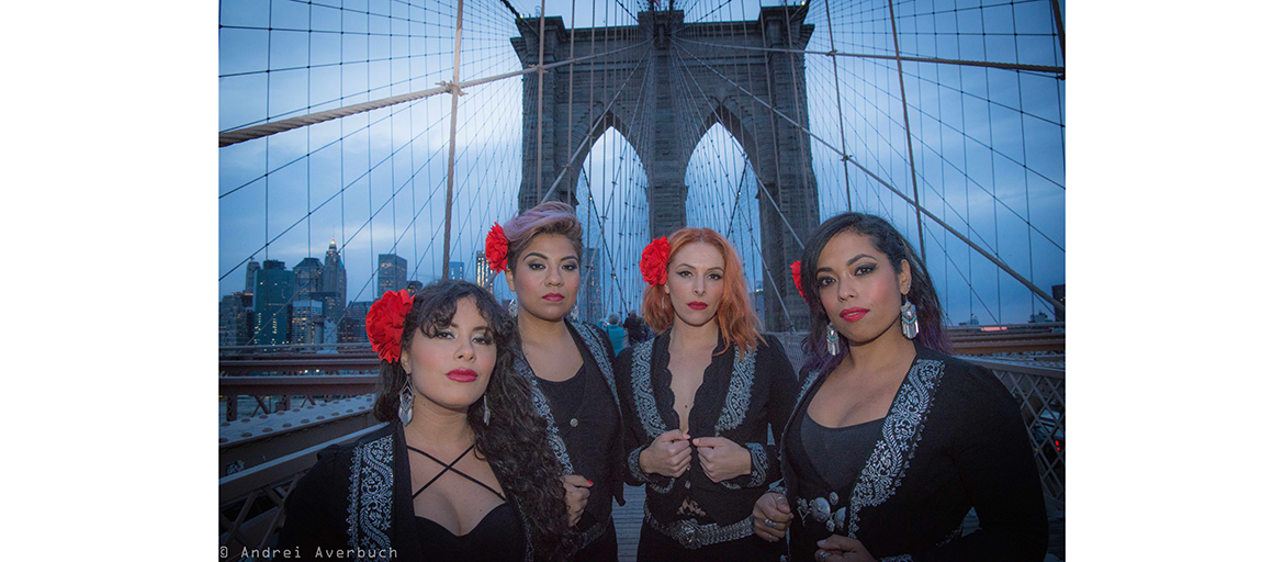 Flor de Toloache web Flor de Toloache band members pose on the Brooklyn Bridge