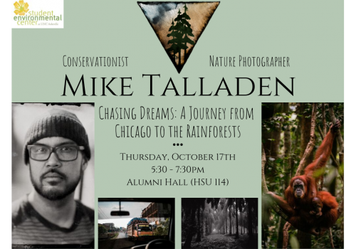 Poster has event time, location and title, photo of the speaker, and his photos of a jungle, an orangutan, and a highway scene as seen from a car window
