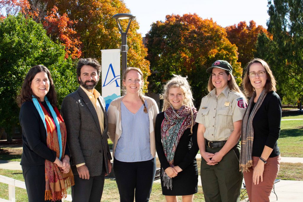 From left, Nancy Ruppert and Evan Couzo of UNC Asheville's education faculty, students Eimly Avery and Julie Newmark, alum Amy Kinsella, and Alison Ormsby of the environmental studies faculty