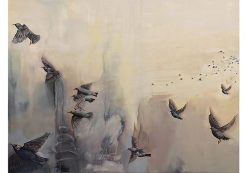 painting features birds in a misty, smoky background