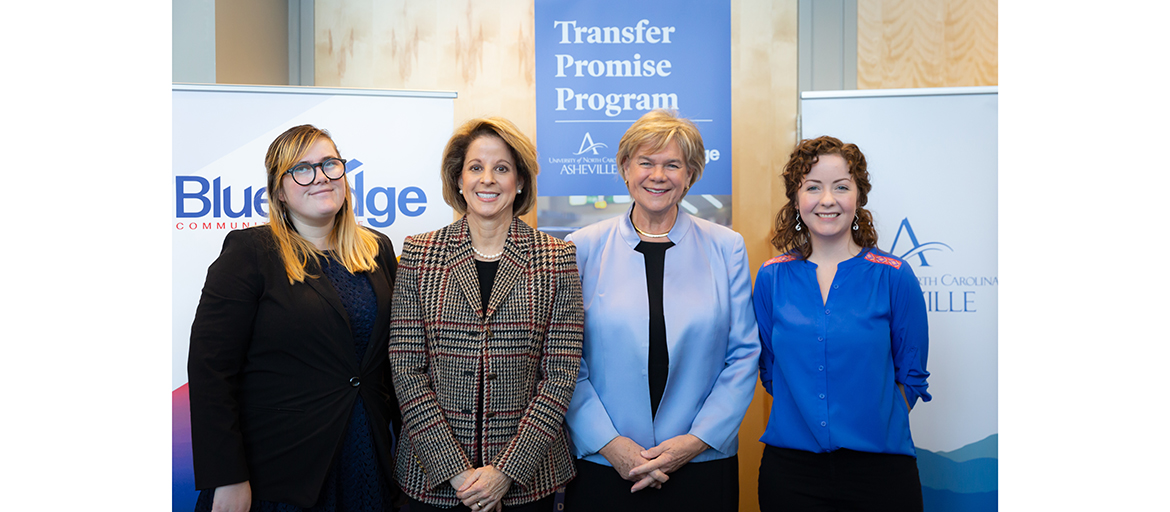 Blue Ridge Community College Transfer Coordinator Kirsten D. Hobbs and President Laura Leatherwood with UNC Asheville Chancellor Nancy J. Cable and Assistant Director of Admission Lindsey Prather at the signing of the Blue Ridge Transfer Promise Program at UNC Asheville.