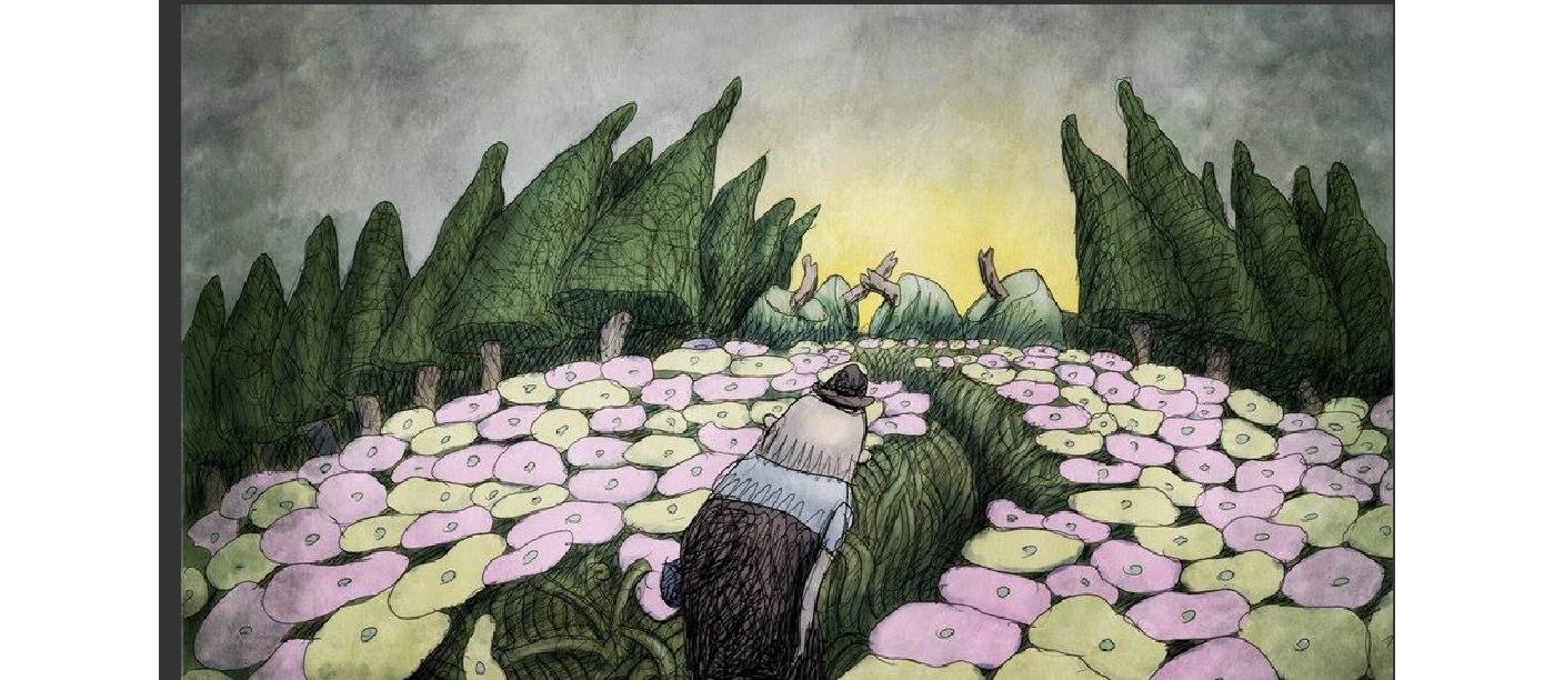 Frame from Bill Plympton's "Footprints" (2014) shows meadow full of flowers