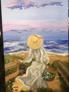painting shows girl in straw hat and flowing dress walking to the sea holding basket of flowers