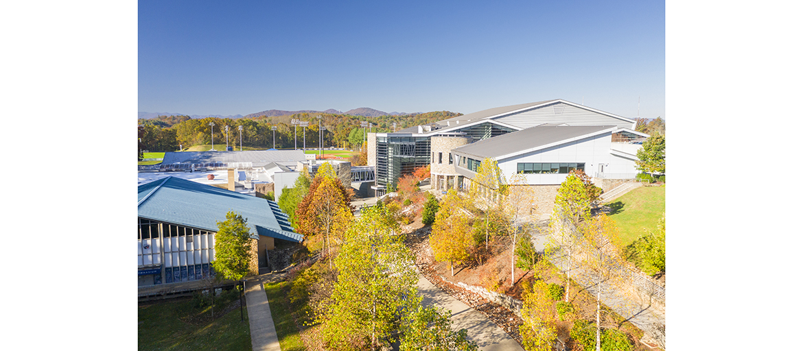 aerial view of UNC Asheville's Sherrill Center, home of the N.C. Center for Health & Wellness