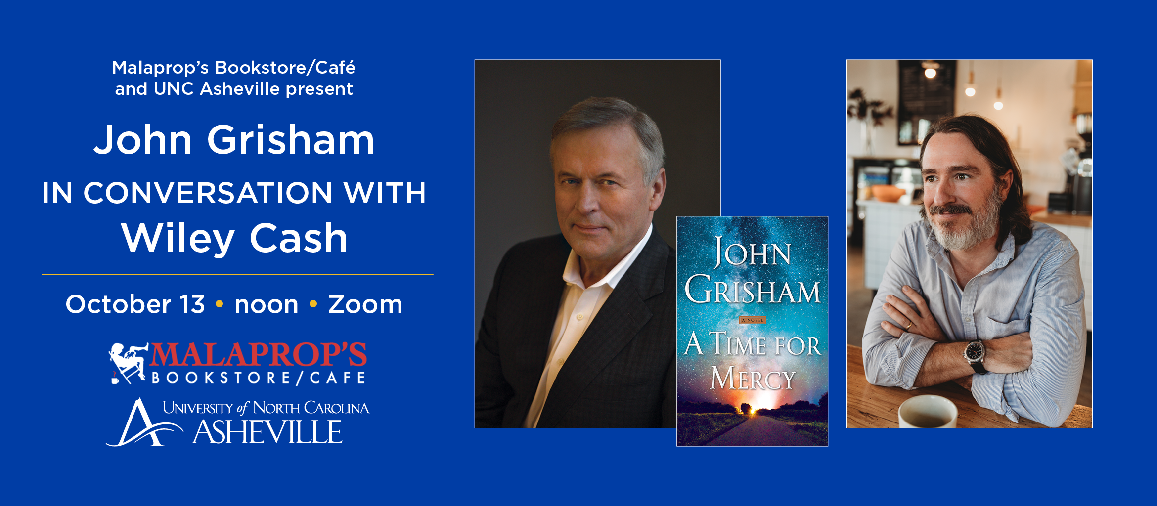 Grisham-Cash_v2 graphic includes photos of both authors, the book cover, date and time of zoom
