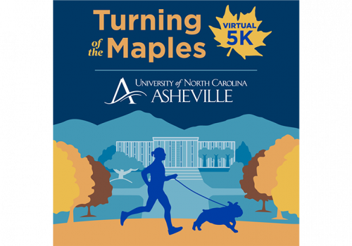 graphic has event name, logo, and shows shows person and dog running in front of UNC Asheville library