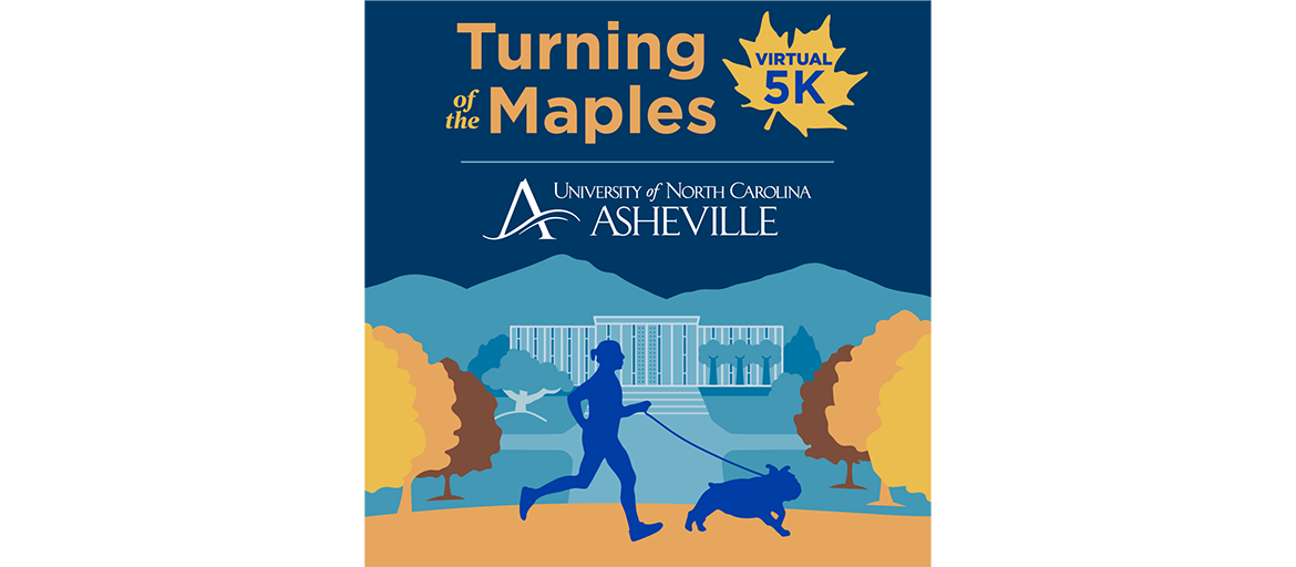 Turning-of-the-Maples web graphic has event name, logo, and shows shows person and dog running in front of UNC Asheville library