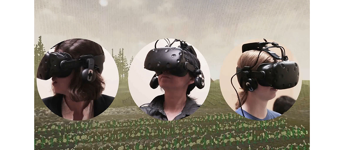 images of people wearing VR goggles superimposed over a stylized rural landscape