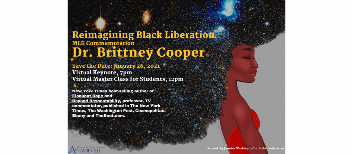graphic design of young African American woman with a big afro that has stars and galaxies in it, along with event information