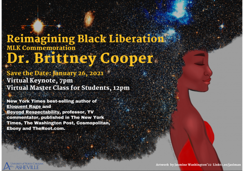 graphic design of young African American woman with a big afro that has stars and galaxies in it, along with event information