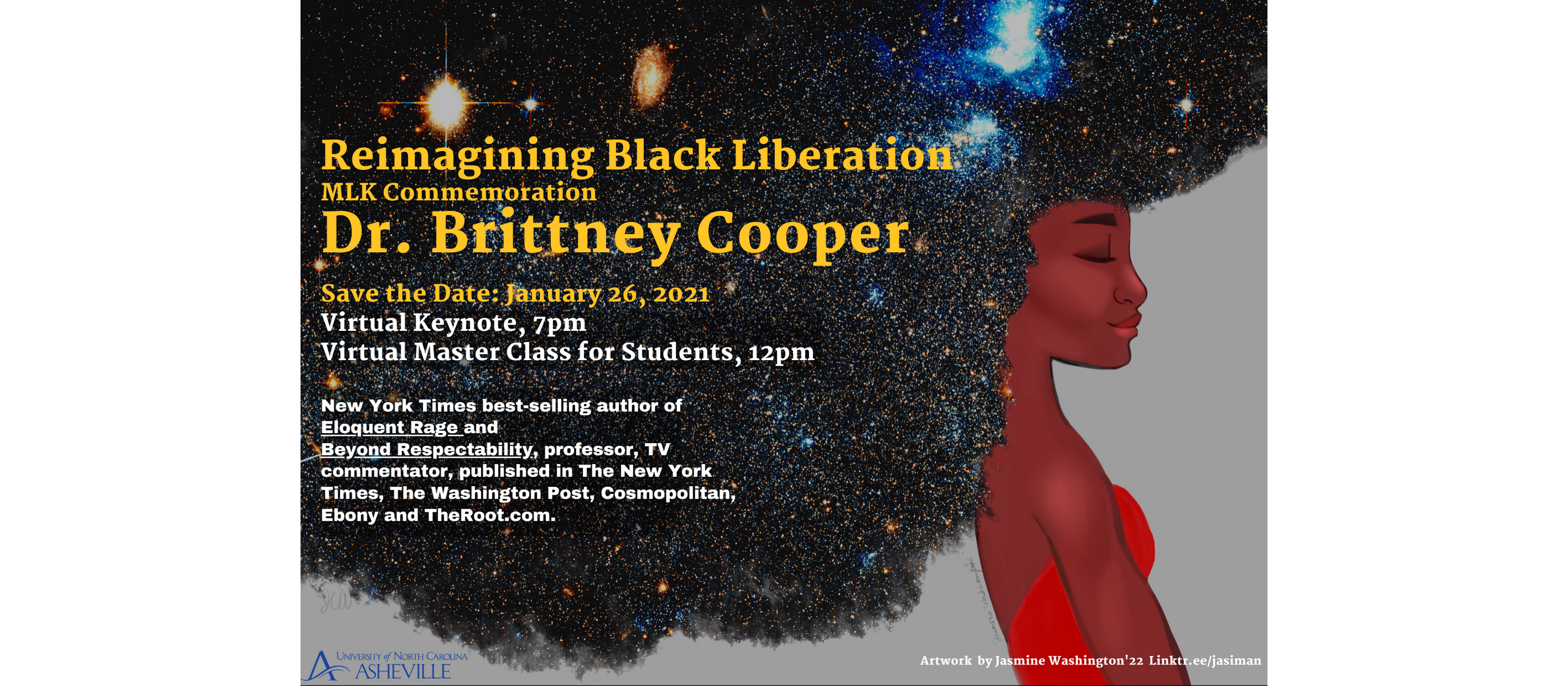 MLK keynote 1-26-21 v4 web graphic design of young African American woman with a big afro that has stars and galaxies in it, along with event information