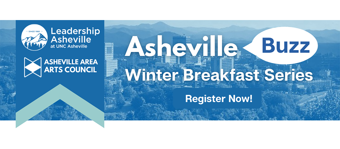 2021-Winter-Buzz-Breakfast-Series-Header event name superimposed on aerial view of Asheville