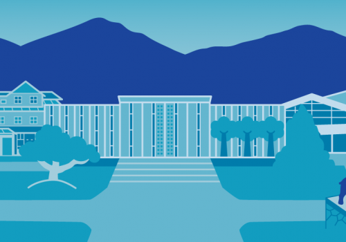 Graphic Illustration of campus including ramsey library, the rocky statue, and the clock tower
