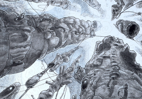 Snapshot of a pen and ink drawing of strange rock formations floating up to the sky surrounded by swirling strands resembling power lines. Resembles an environment on another planet