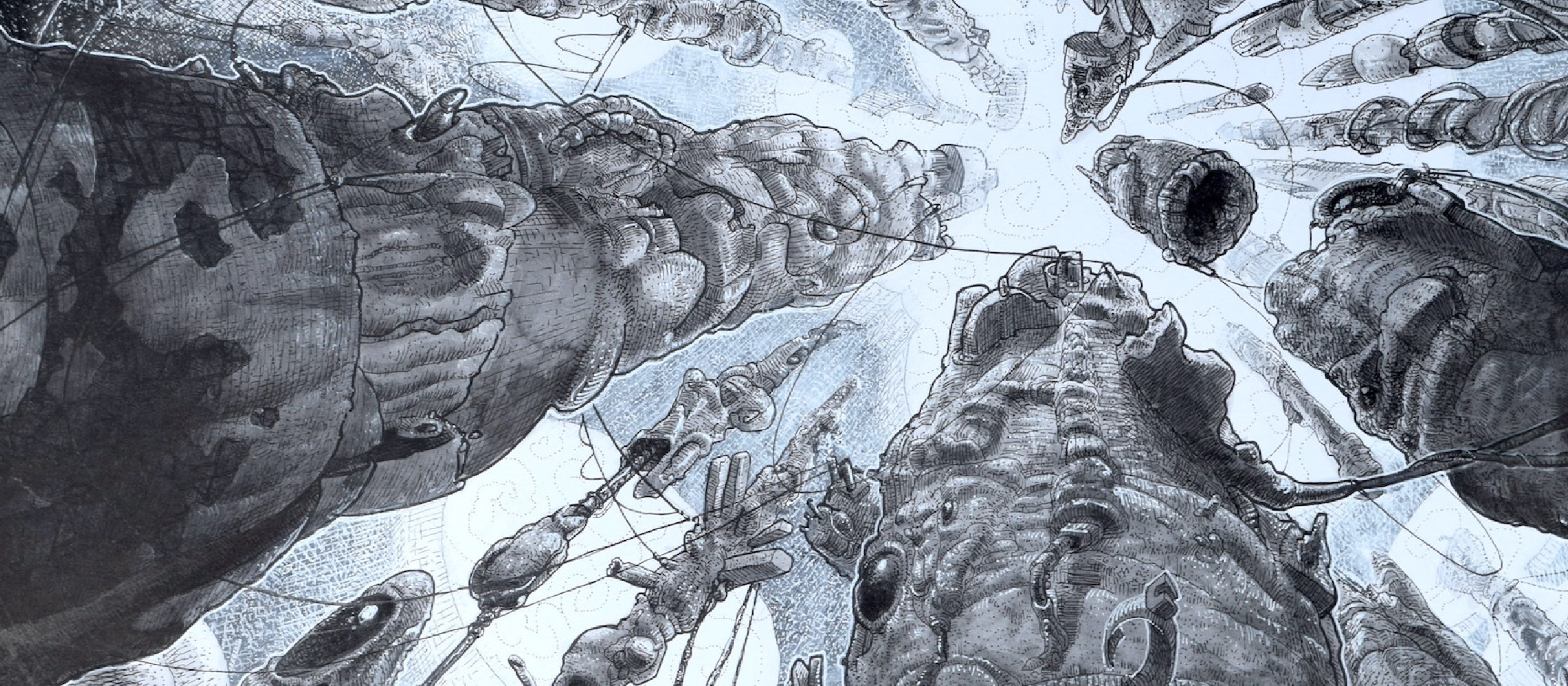 080522 BioBrutalism_social_event-post_1170x512 Snapshot of a pen and ink drawing of strange rock formations floating up to the sky surrounded by swirling strands resembling power lines. Resembles an environment on another planet