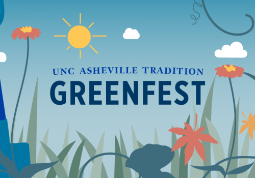 Graphic Illustration For UNC Asheville Tradition Greenfest. Includes illustrated grass, wildflowers and vegetables and a shovel in the ground