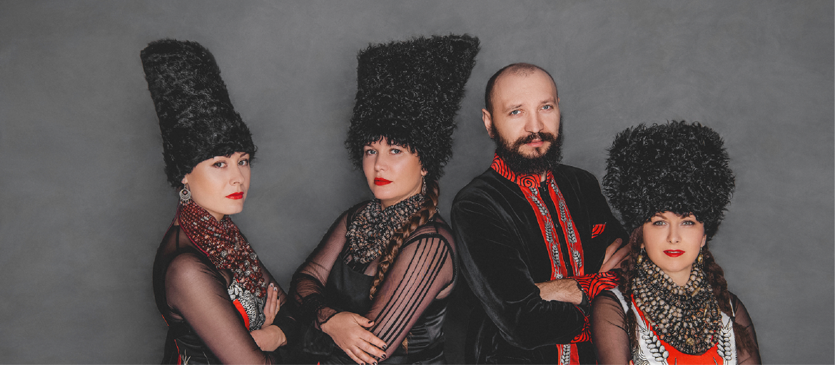 Group photo of the Band DakhaBrakha in their matching formal cultural attire