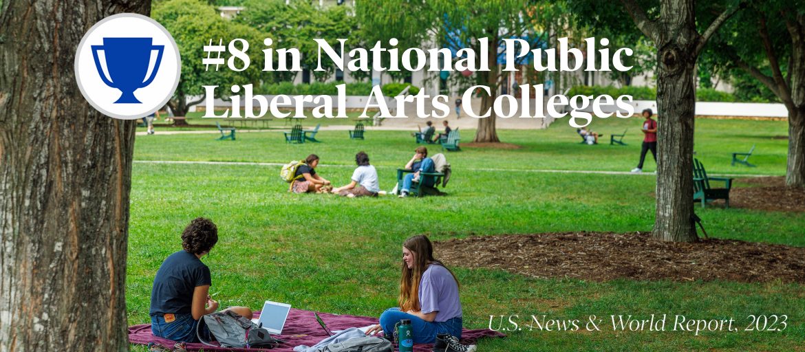 Students studying on the quad, text overlay reads: #8 in national public liberal arts colleges US News & World Report 2023