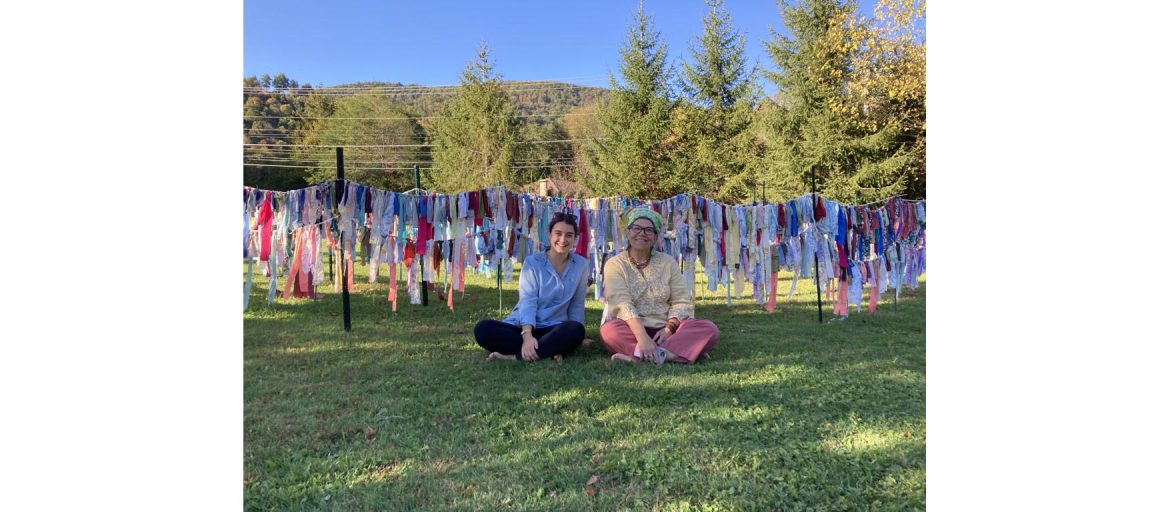 MPH student Isla Neel and Craft and Community Vitality Awardee Andi Gelsthorpe, in front of Gelsthrope’s installation, “Finding Our Way Home: A community-built, ephemeral labyrinth.”