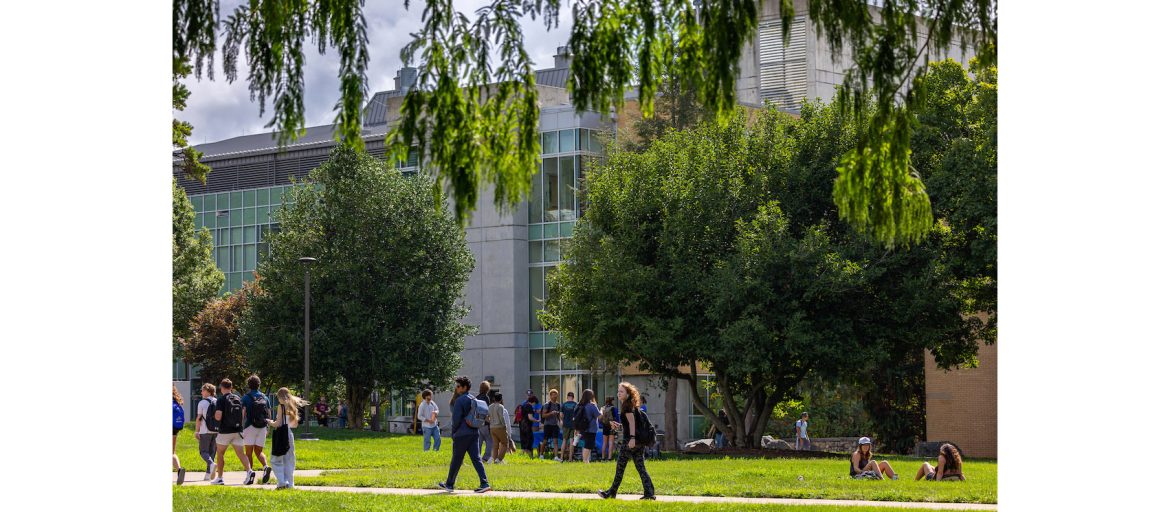 A photo of students walking on campus during the first day of classes.