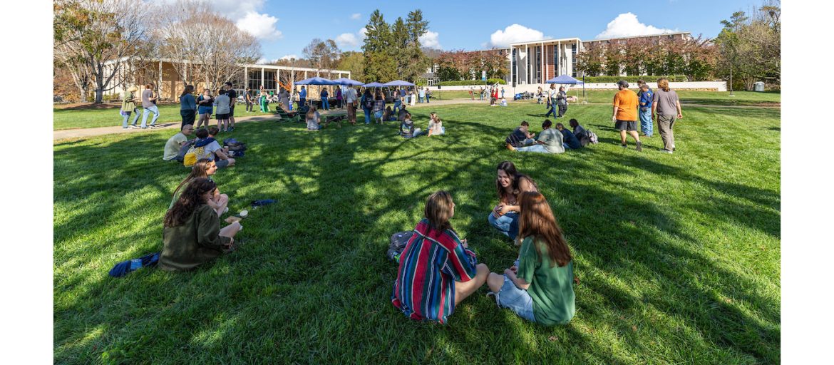 Students sitting on the university quad.