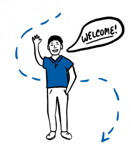illustration of a person waving and saying "welcome"