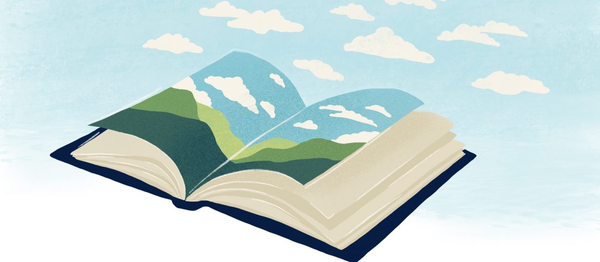 Illustration of a book open with mountains and sky on the pages