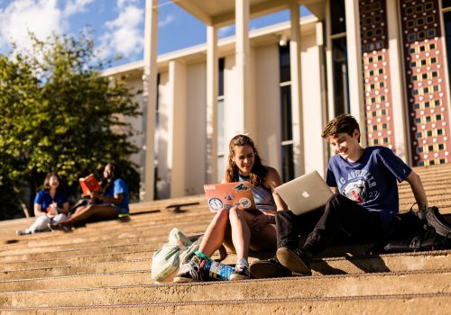 Students sitting on the stairs of UNC Asheville's Ramsey Library.