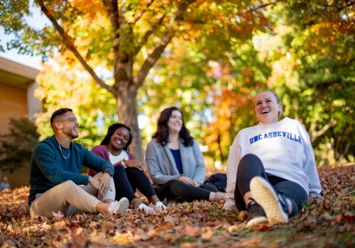 Students sitting on campus in fall
