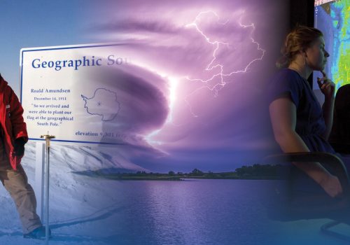 A combined image of a person at the south pole, lightning, and climate visualization