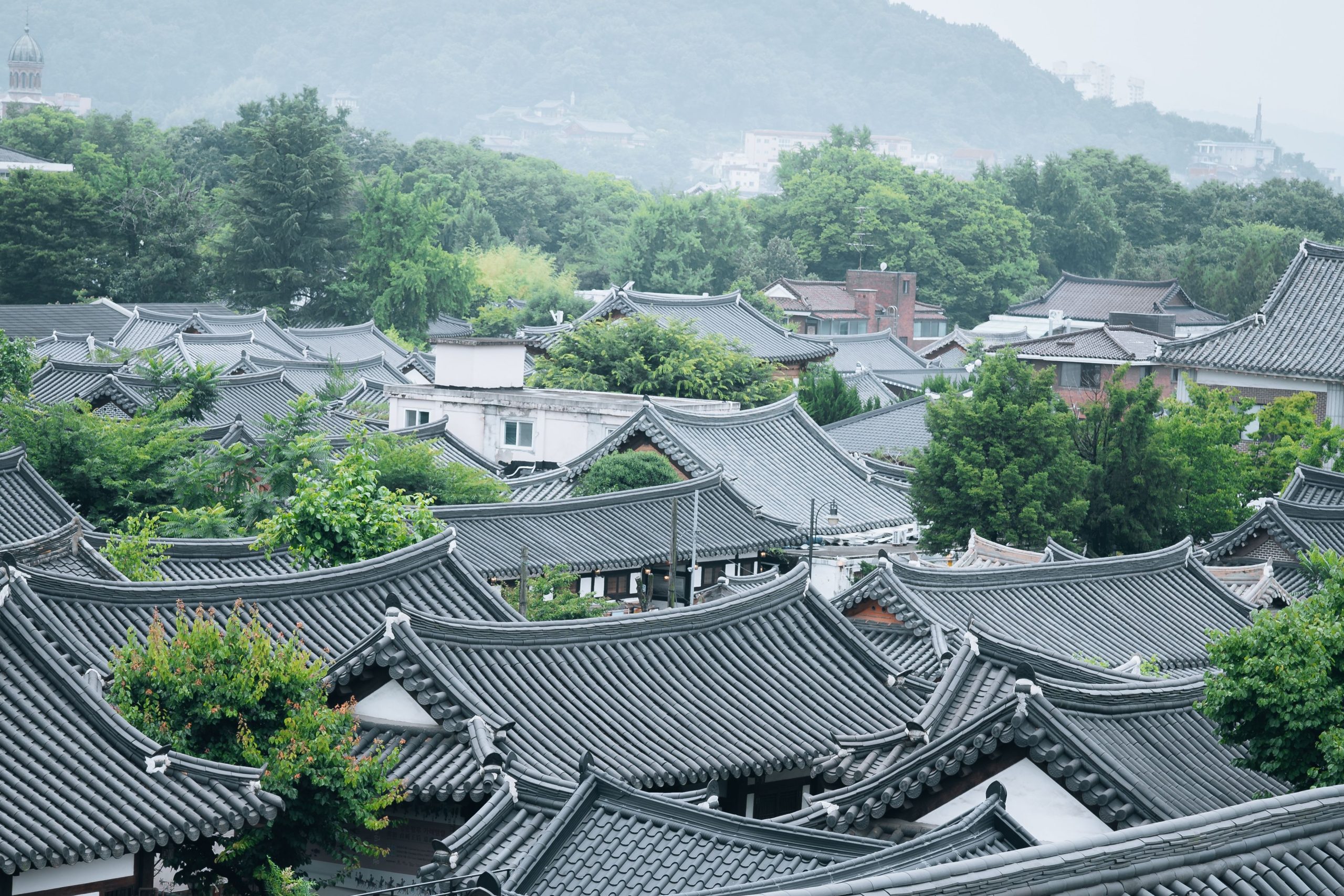 Arial view of a village in Daejeon, South Korea with the mountains in the background