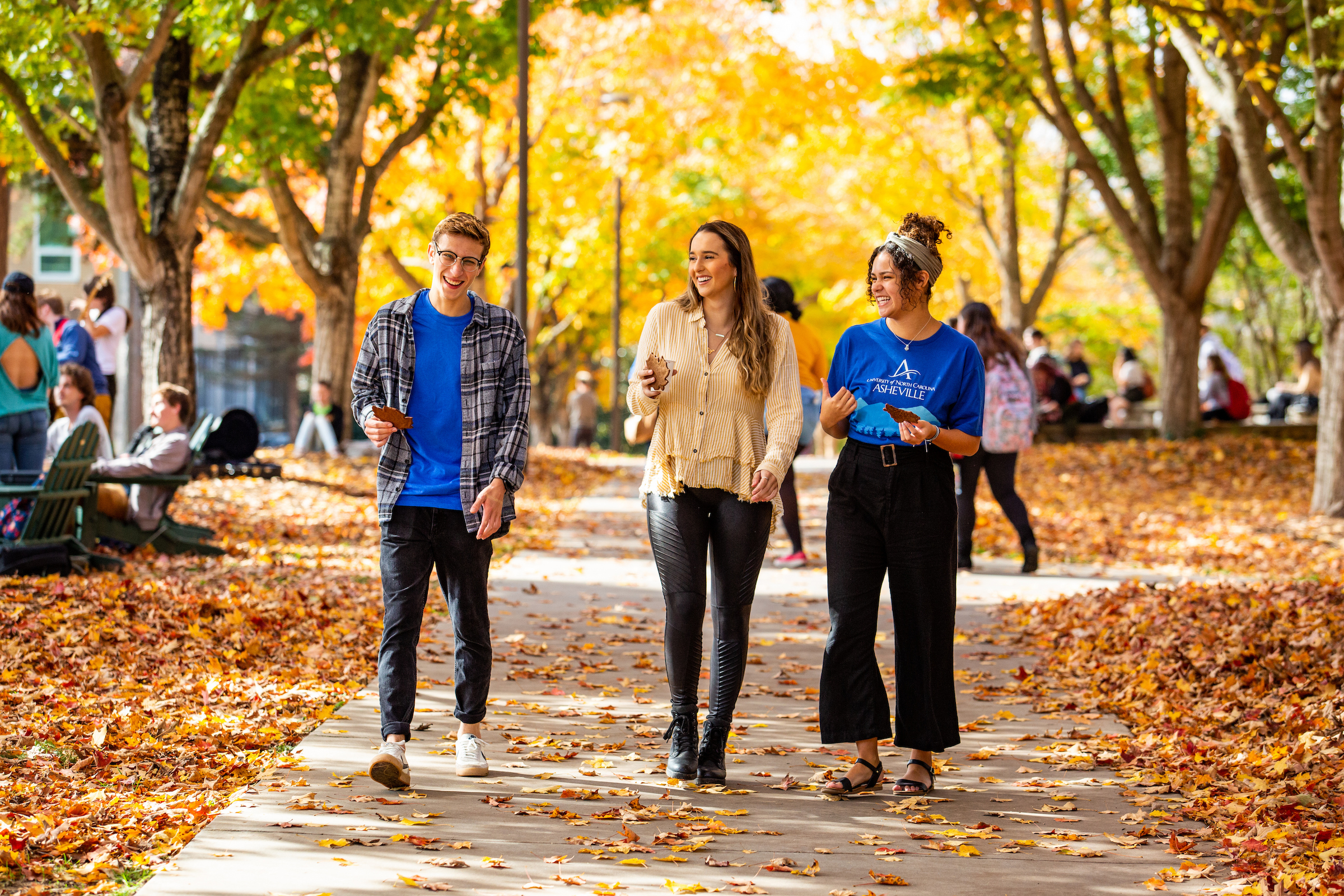 Two female and one male student walk together on a sidewalk covered in colorful leaves