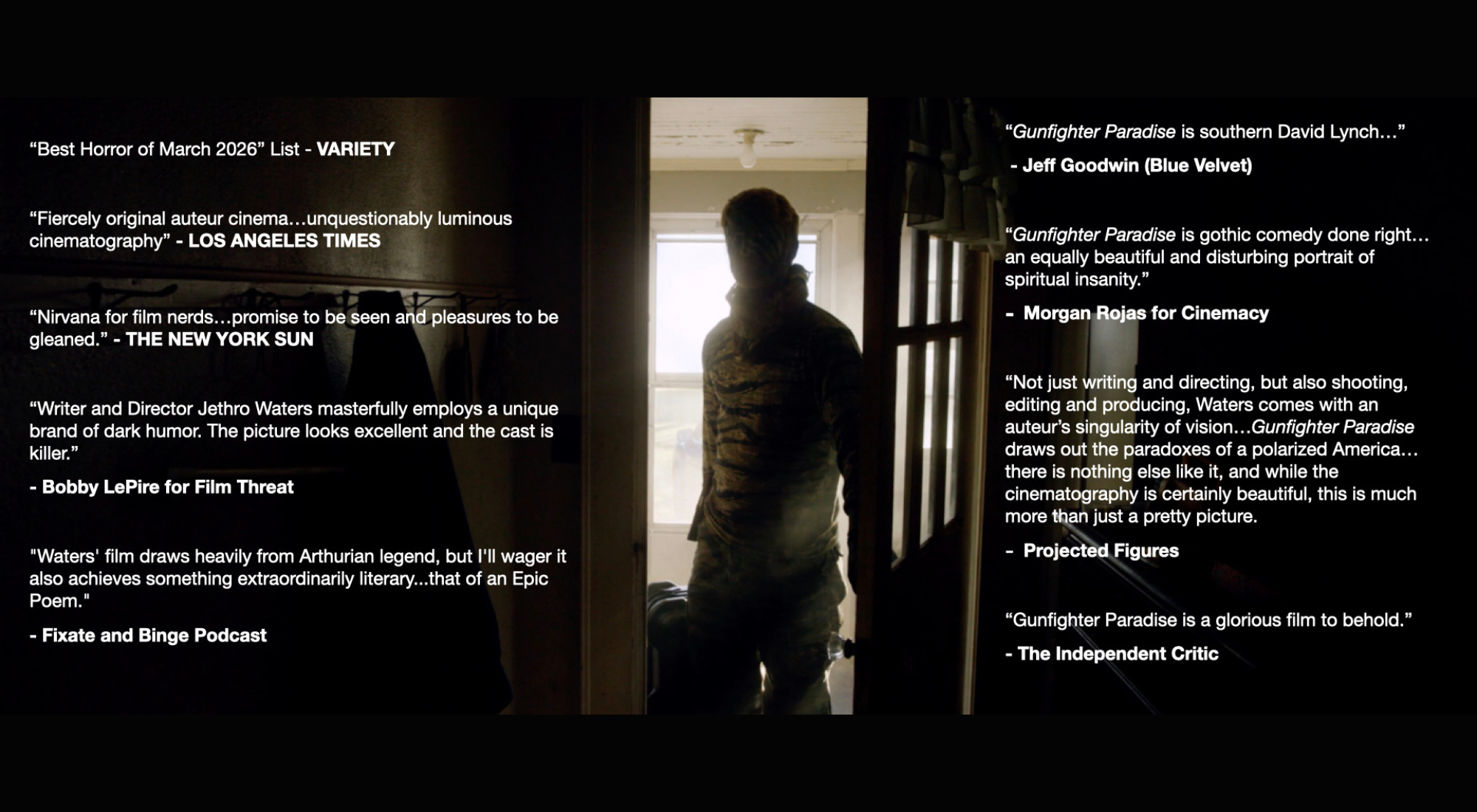 A still from “Gunfighter Paradise” with critics' reviews.